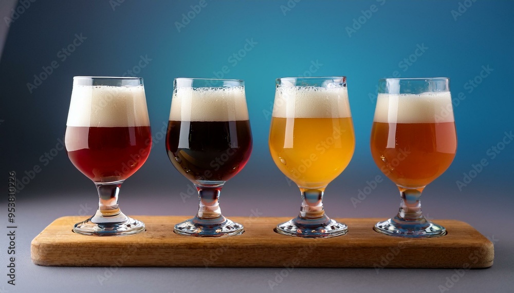 A wooden flight board with four small glasses of different colored craft beers, arranged nea A wooden flight board with four small glasses of different colored craft beers, arranged nea