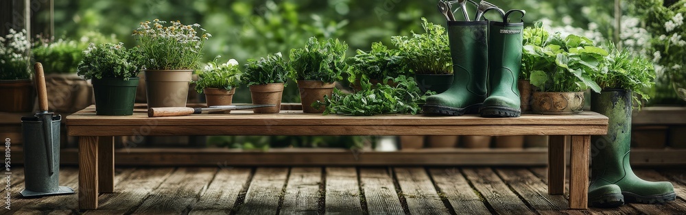 Gardening Tools Neatly Arranged on an Old Wooden Table Gardening Tools Neatly Arranged on an Old Wooden Table