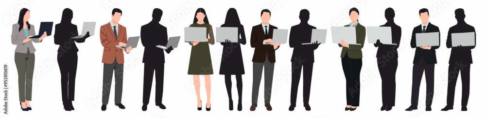 Business people working at laptop. Different men and women standing using laptop. Business people working at laptop. Different men and women standing using laptop.