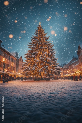 Joyful Christmas Celebration inSnowy Town Square withFestive Tree