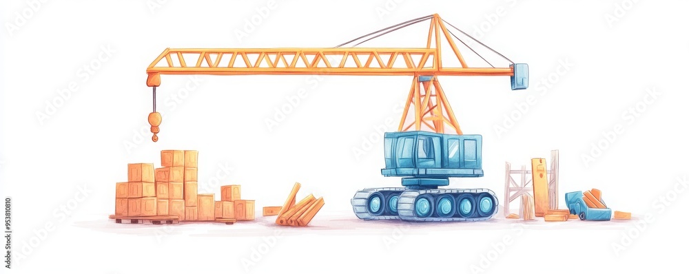 A colorful illustration of a construction crane with stacked boxes, ideal for construction, logistics, or engineering themes. A colorful illustration of a construction crane with stacked boxes, ideal for construction, logistics, or engineering themes.