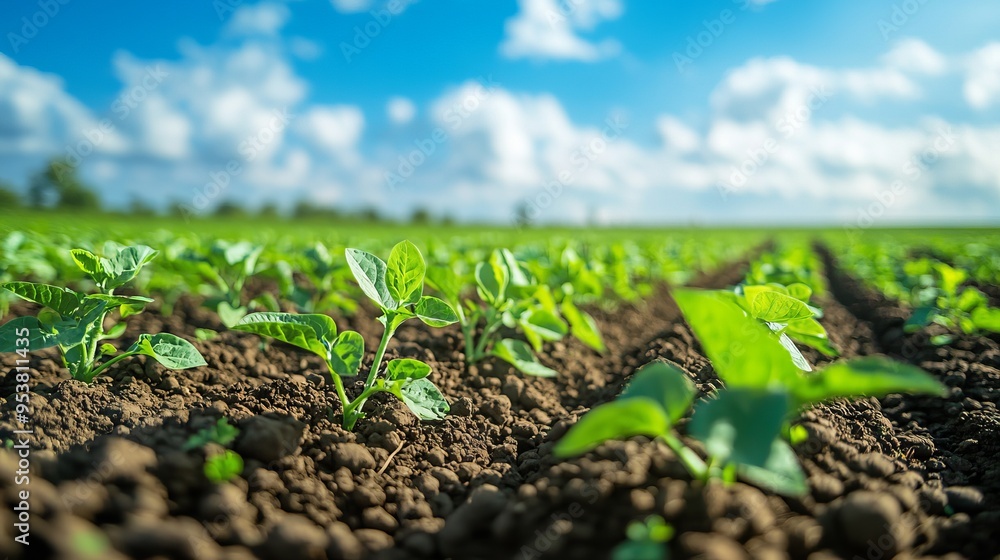 Vibrant green plants growing in rich soil under a bright blue sky, representing agricultural growth and environmental beauty. Vibrant green plants growing in rich soil under a bright blue sky, representing agricultural growth and environmental beauty.