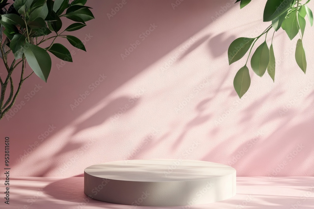 Unobtrusive botanical background with shadow on the wall - trend frame, cover, card, postcard. Exhibition Podium, stand, showcase on pastel light background for premium product , with generative ai Unobtrusive botanical background with shadow on the wall - trend frame, cover, card, postcard. Exhibition Podium, stand, showcase on pastel light background for premium product , with generative ai