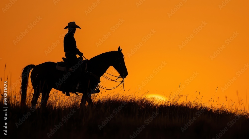 Silhouette of a Cowboy on Horseback at Sunset Silhouette of a Cowboy on Horseback at Sunset