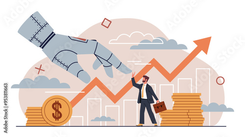 Bionic hand with business people. Successful human collaboration with artificial intelligence, growing schedules, price chart, cartoon flat isolated nowaday vector investment concept