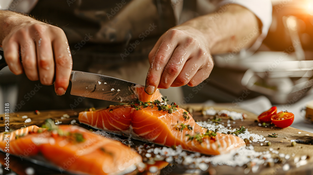 Professional cook prepares red fish and vegetables seafood cuisine, professional cook, seafood cuisine, red fish, vegetable preparation, culinary skills, seafood
Professional cook prepares red fish and vegetables seafood cuisine, professional cook, seafood cuisine, red fish, vegetable preparation, culinary skills, seafood