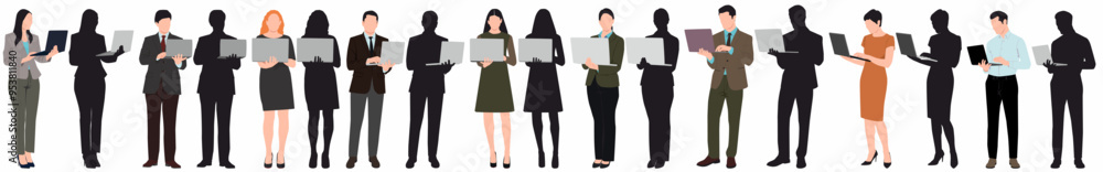 Business people working at laptop. Different men and women standing using laptop. Business people working at laptop. Different men and women standing using laptop.