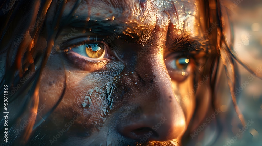 A dramatic scene capturing the exact moment of transformation as a blind man’s eyes begin to see, light flooding in, the background a blur of colors and motion, A dramatic scene capturing the exact moment of transformation as a blind man’s eyes begin to see, light flooding in, the background a blur of colors and motion,