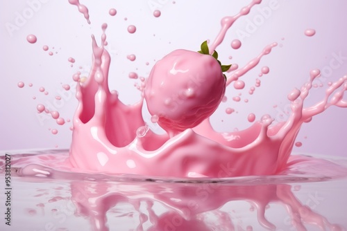 Vibrant strawberry milk splash with bubbles  a captivating wave of pink liquid and creamy texture photo