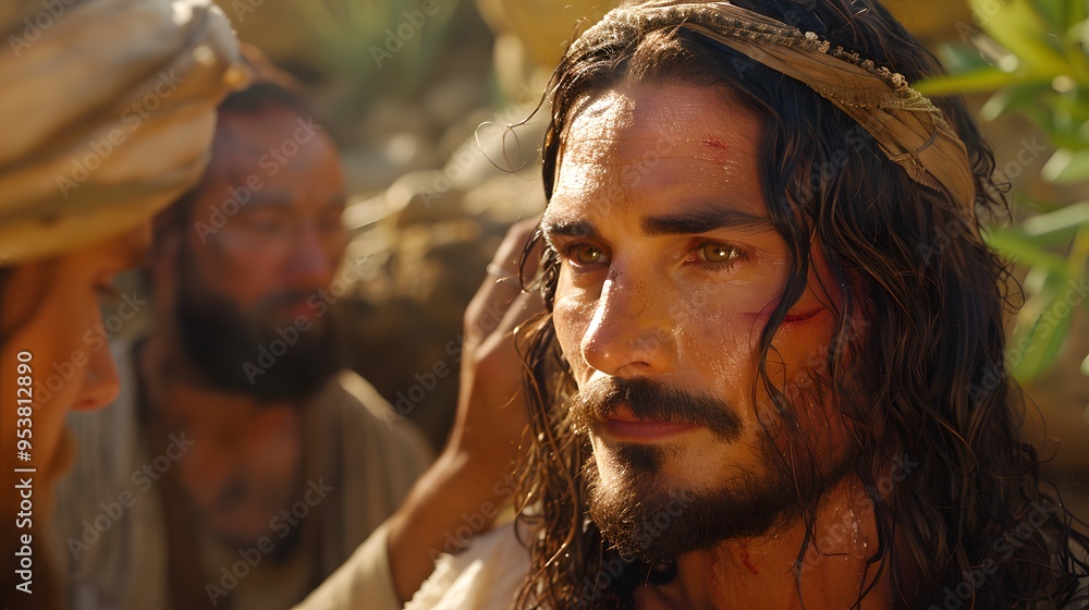 A moment of divine healing as Jesus touches the blind man’s eyes, with a warm halo of light surrounding them, set against a backdrop of ancient stone buildings and olive trees, A moment of divine healing as Jesus touches the blind man’s eyes, with a warm halo of light surrounding them, set against a backdrop of ancient stone buildings and olive trees,