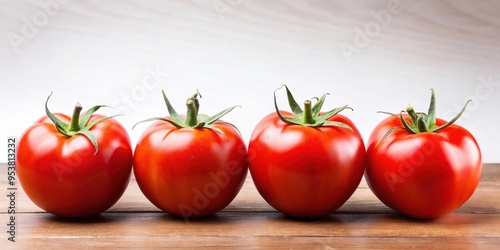 Row of four ripe, red tomatoes with green stems neatly placed on a wooden surface against a neutral white background, emphasizing fresh, organic produce and the simplicity of healthy, natural ingredie photo