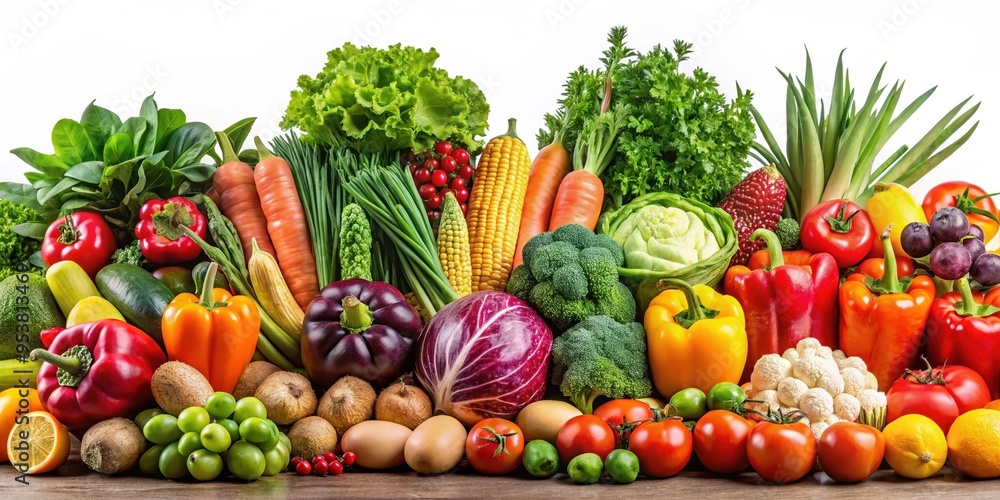 Variety of fresh vegetables and fruits including bell peppers, tomatoes, broccoli, corn, lettuce, cabbage, and potatoes displayed against a white background, showcasing colorful, healthy, organic prod Variety of fresh vegetables and fruits including bell peppers, tomatoes, broccoli, corn, lettuce, cabbage, and potatoes displayed against a white background, showcasing colorful, healthy, organic prod