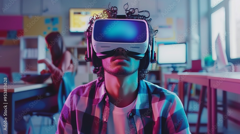 College student using AI apparatus while wearing a VR headset. Generative Ai College student using AI apparatus while wearing a VR headset. Generative Ai