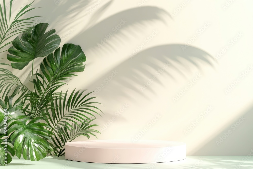 Unobtrusive botanical background with shadow on the wall - trend frame, cover, card, postcard. Exhibition Podium, stand, showcase on pastel light background for premium product , with generative ai Unobtrusive botanical background with shadow on the wall - trend frame, cover, card, postcard. Exhibition Podium, stand, showcase on pastel light background for premium product , with generative ai
