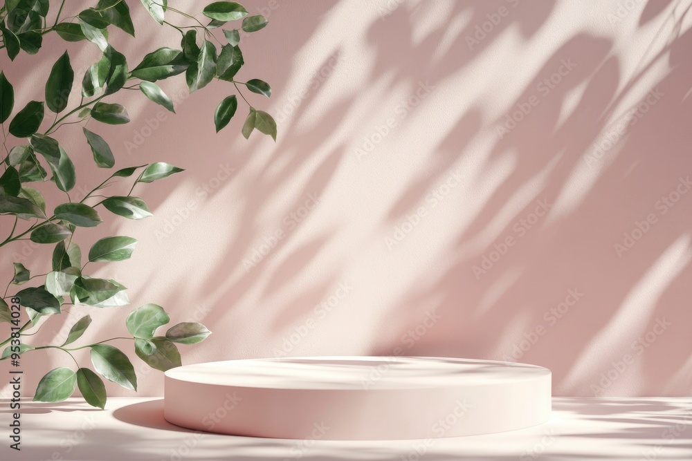 Unobtrusive botanical background with shadow on the wall - trend frame, cover, card, postcard. Exhibition Podium, stand, showcase on pastel light background for premium product , with generative ai Unobtrusive botanical background with shadow on the wall - trend frame, cover, card, postcard. Exhibition Podium, stand, showcase on pastel light background for premium product , with generative ai