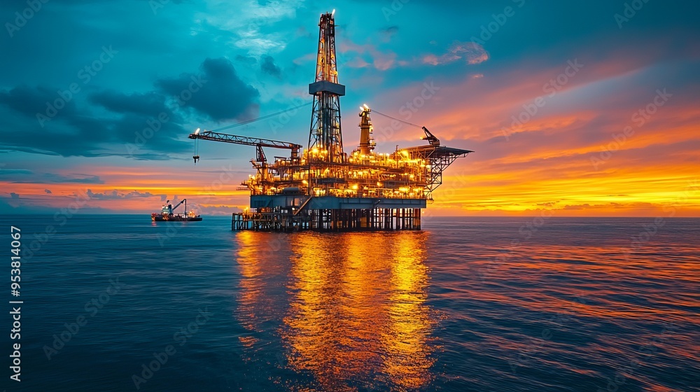 A stunning oil rig illuminated by sunset, reflecting vibrant colors on the calm ocean waters. A stunning oil rig illuminated by sunset, reflecting vibrant colors on the calm ocean waters.