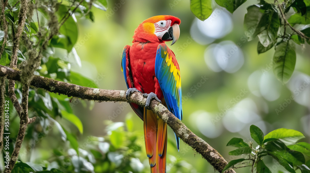 Scarlet Macaw, with its bright red, blue and yellow feathers, perches on a high tree branch in the middle of the Amazon rainforest, Ai generated images Scarlet Macaw, with its bright red, blue and yellow feathers, perches on a high tree branch in the middle of the Amazon rainforest, Ai generated images