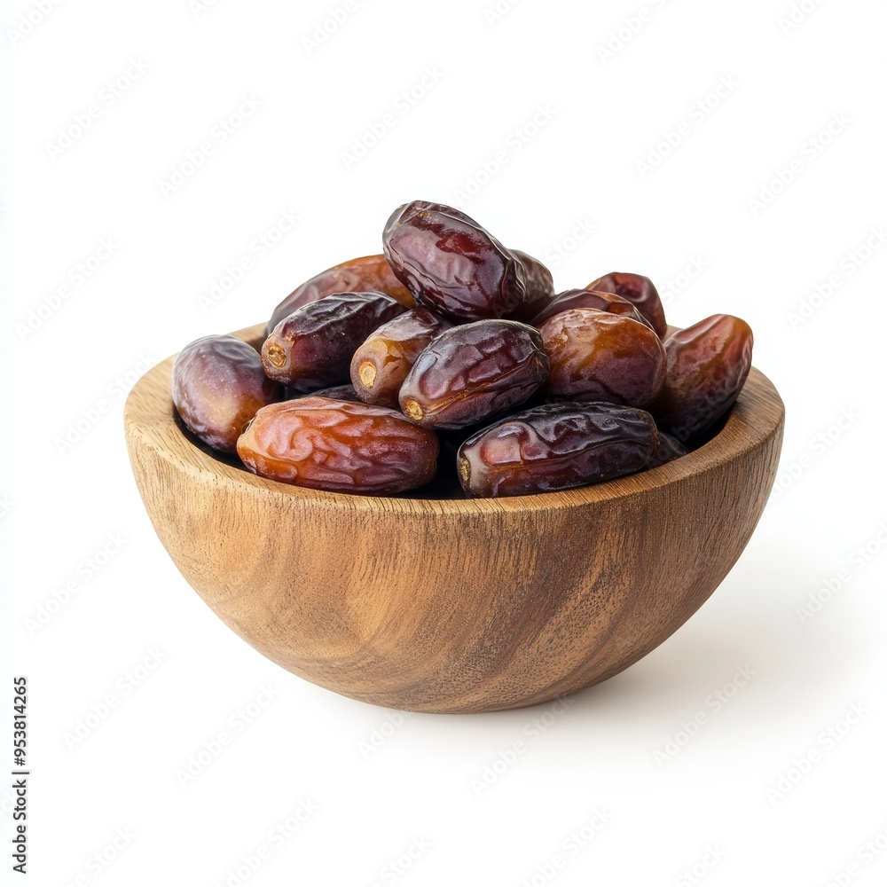 Obraz premium Fresh Mejdool Dates in a Wooden Bowl on White Background, Healthy Snack Concept Generative AI