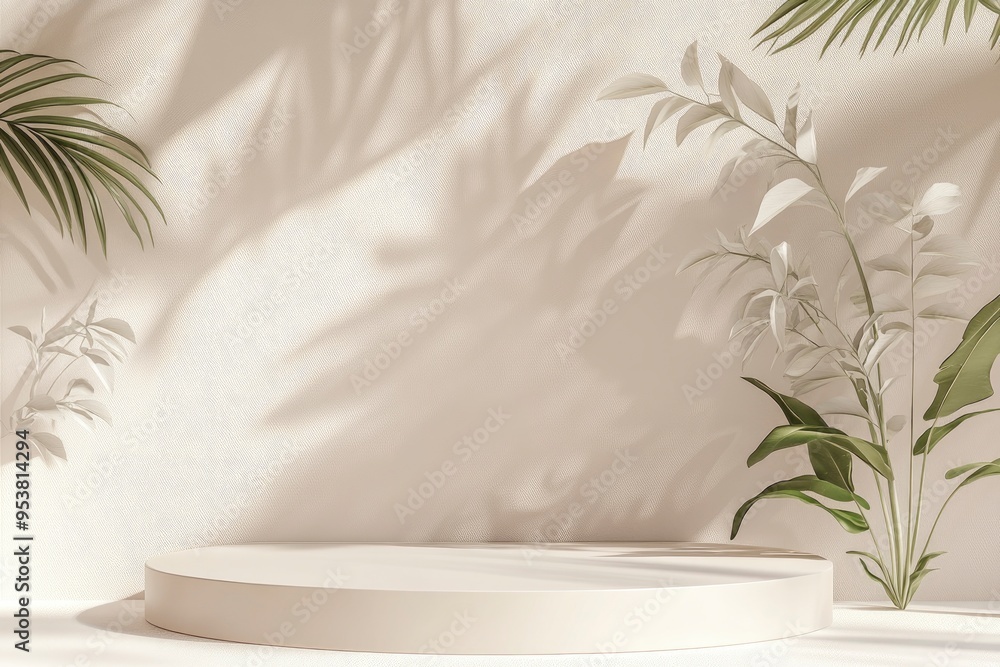 Unobtrusive botanical background with shadow on the wall - trend frame, cover, card, postcard. Exhibition Podium, stand, showcase on pastel light background for premium product , with generative ai Unobtrusive botanical background with shadow on the wall - trend frame, cover, card, postcard. Exhibition Podium, stand, showcase on pastel light background for premium product , with generative ai