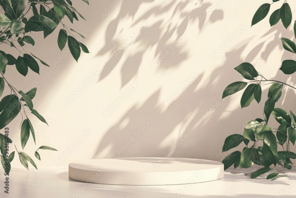 Unobtrusive botanical background with shadow on the wall - trend frame, cover, card, postcard. Exhibition Podium, stand, showcase on pastel light background for premium product , with generative ai Unobtrusive botanical background with shadow on the wall - trend frame, cover, card, postcard. Exhibition Podium, stand, showcase on pastel light background for premium product , with generative ai