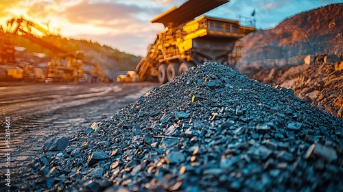 A close-up view of a pile of gravel at a mining site, with machinery and a beautiful sunset in the background. photo