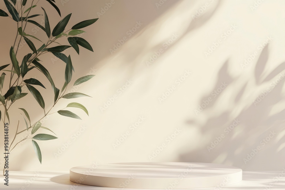 Unobtrusive botanical background with shadow on the wall - trend frame, cover, card, postcard. Exhibition Podium, stand, showcase on pastel light background for premium product , with generative ai Unobtrusive botanical background with shadow on the wall - trend frame, cover, card, postcard. Exhibition Podium, stand, showcase on pastel light background for premium product , with generative ai