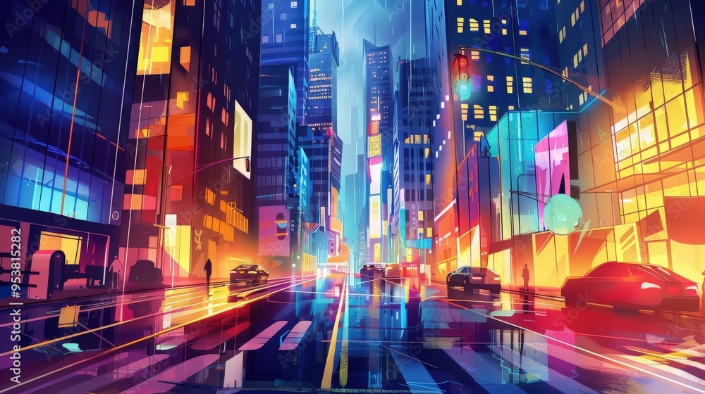 fork in the road in a vibrant cityscape, with one path leading through a bustling nightlife district and the other to a quieter residential area fork in the road in a vibrant cityscape, with one path leading through a bustling nightlife district and the other to a quieter residential area