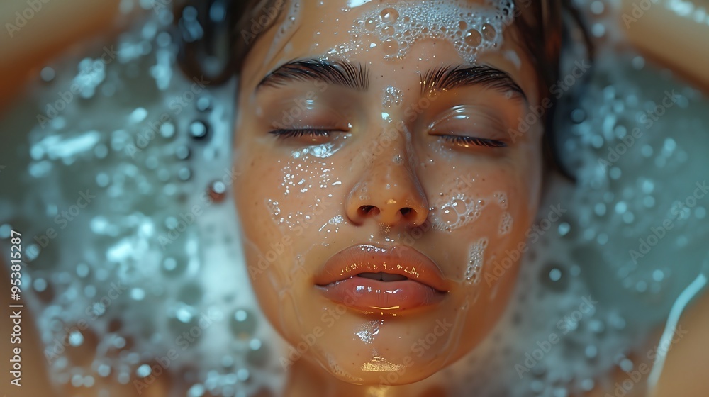 Serene Woman Relaxing in Bubble Bath with Eyes Closed Serene Woman Relaxing in Bubble Bath with Eyes Closed