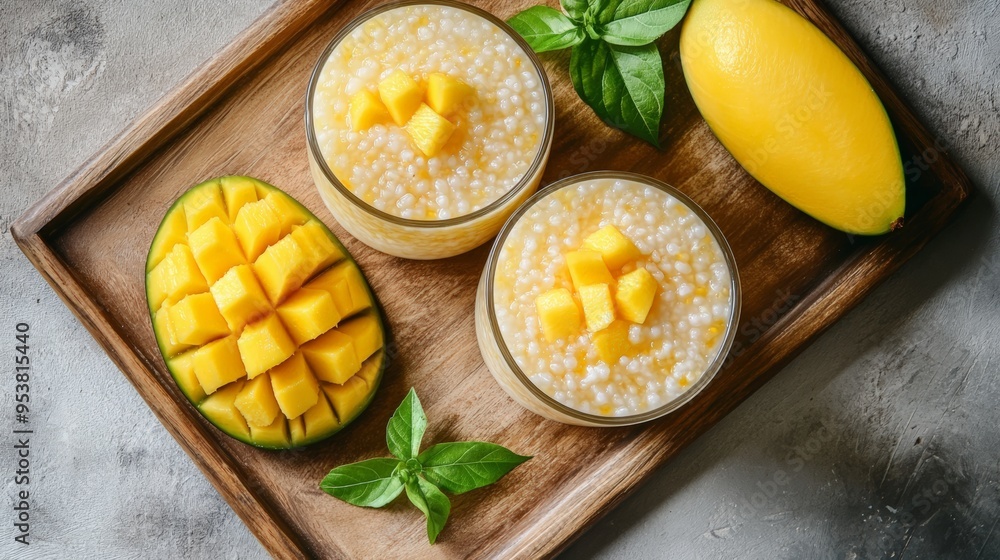 Mango sago with fresh mango cubes served in glasses on wooden tray. Healthy and refreshing summer dessert. Mango sago with fresh mango cubes served in glasses on wooden tray. Healthy and refreshing summer dessert.