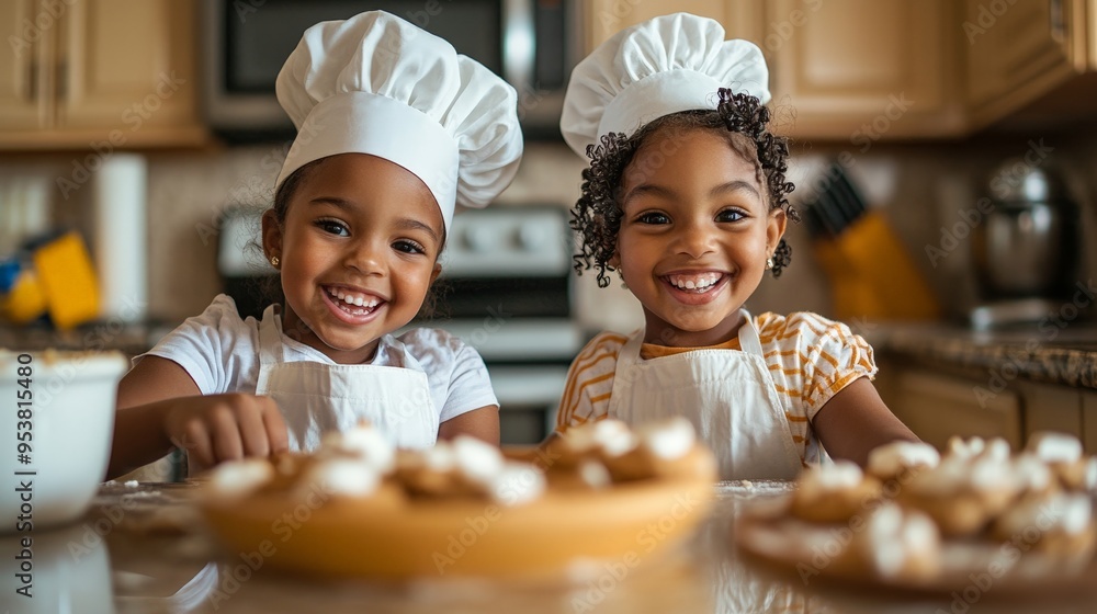 Joyful Children Baking Cookies Together in a Cozy Kitchen Joyful Children Baking Cookies Together in a Cozy Kitchen