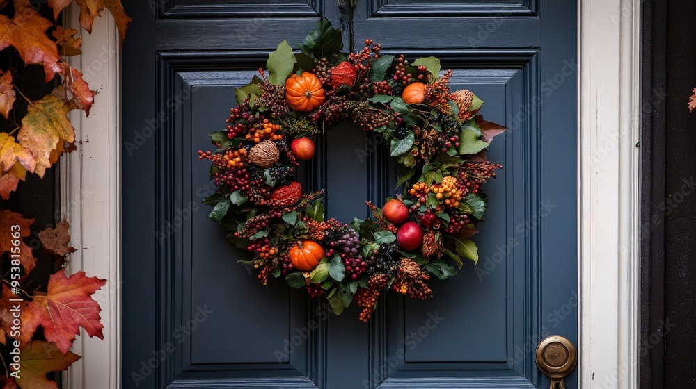 Vibrant Autumn Wreath on Wooden Door Vibrant Autumn Wreath on Wooden Door