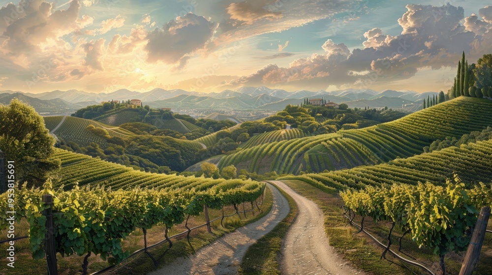 Naklejka premium fork in the road with one route leading through a lush vineyard and the other toward a scenic hilltop.