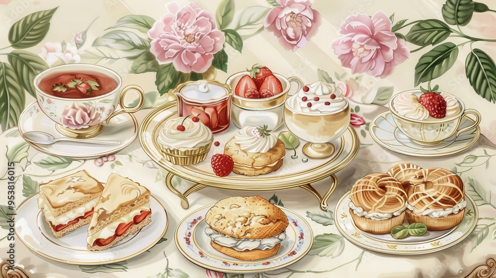 glamorous high tea with an assortment of delicate finger sandwiches, scones with clotted cream, and beautifully decorated pastries. glamorous high tea with an assortment of delicate finger sandwiches, scones with clotted cream, and beautifully decorated pastries.
