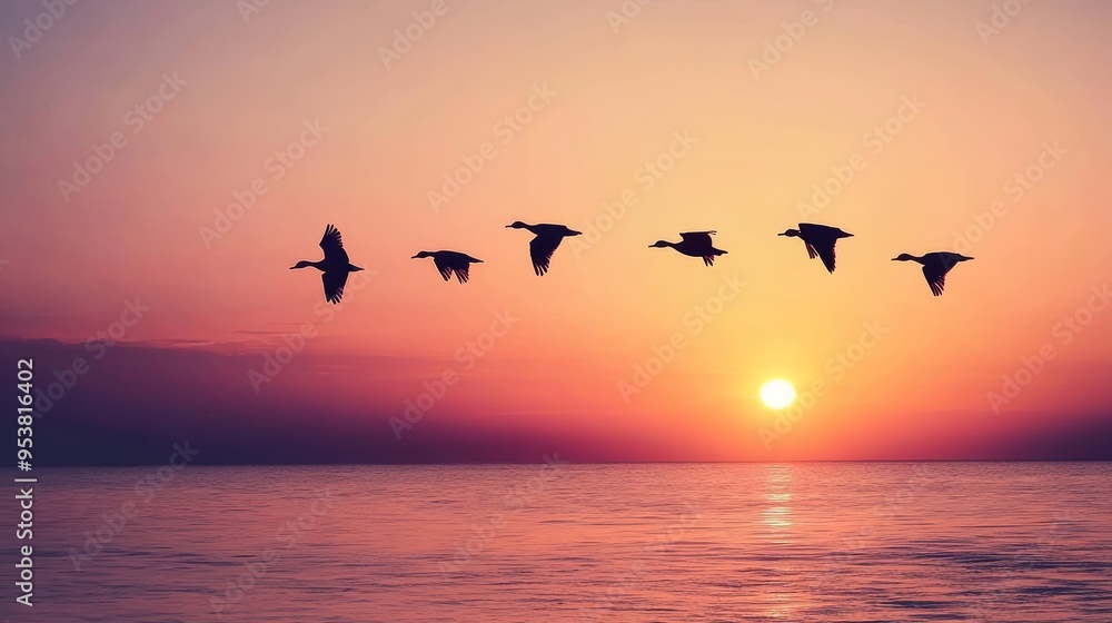 Migratory Birds Flying Over Sea at Sunset, Nature Scene for Travel or Wildlife Concepts Generative AI Migratory Birds Flying Over Sea at Sunset, Nature Scene for Travel or Wildlife Concepts Generative AI
