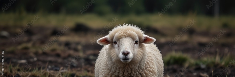 A curious sheep stands in a grassy field under soft morning light in a serene countryside setting A curious sheep stands in a grassy field under soft morning light in a serene countryside setting