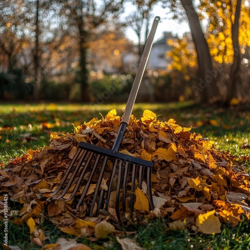 Person Raking Colorful Fallen Leaves in a Sunny Backyard