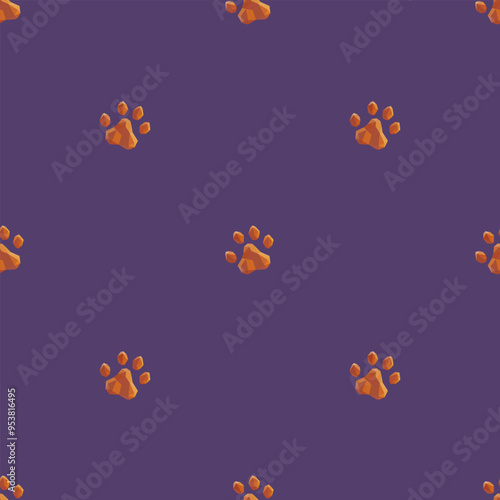 Vector seamless pattern is a stylish and minimalistic design consisting of low poly paw prints on a rich purple background. Orange paw prints are made in low poly style.