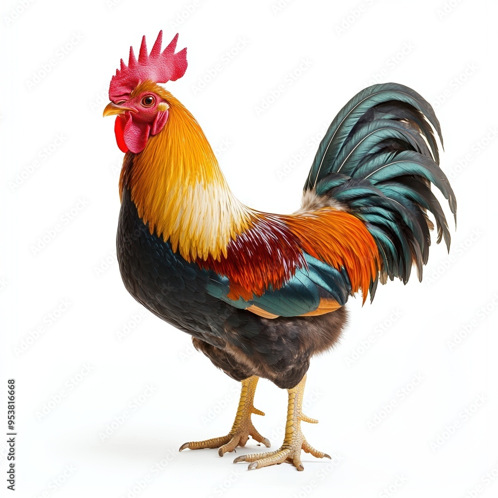 Golden-feathered rooster with striking plumage, slightly off-center, creating a dynamic and balanced composition, isolated on a white background Golden-feathered rooster with striking plumage, slightly off-center, creating a dynamic and balanced composition, isolated on a white background