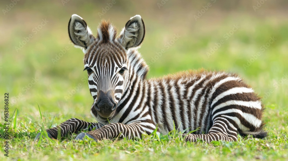 Fototapeta premium A close-up of a baby zebra lying on the grass, with its distinctive stripes clearly visible.
