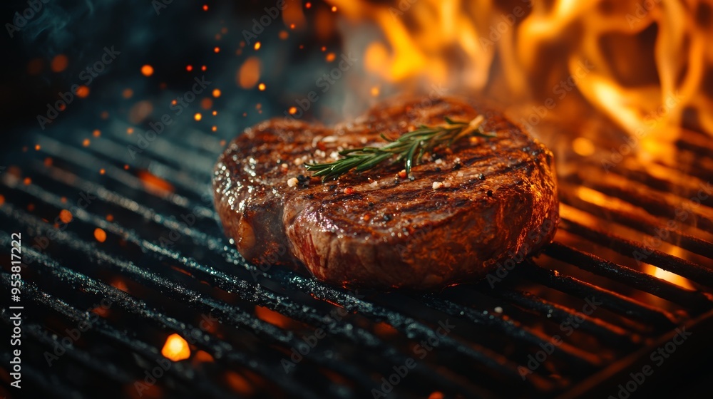 Sizzling Beef Steak on Cast Iron Grate with Fire Flames, Perfect for BBQ Concept Generative AI Sizzling Beef Steak on Cast Iron Grate with Fire Flames, Perfect for BBQ Concept Generative AI