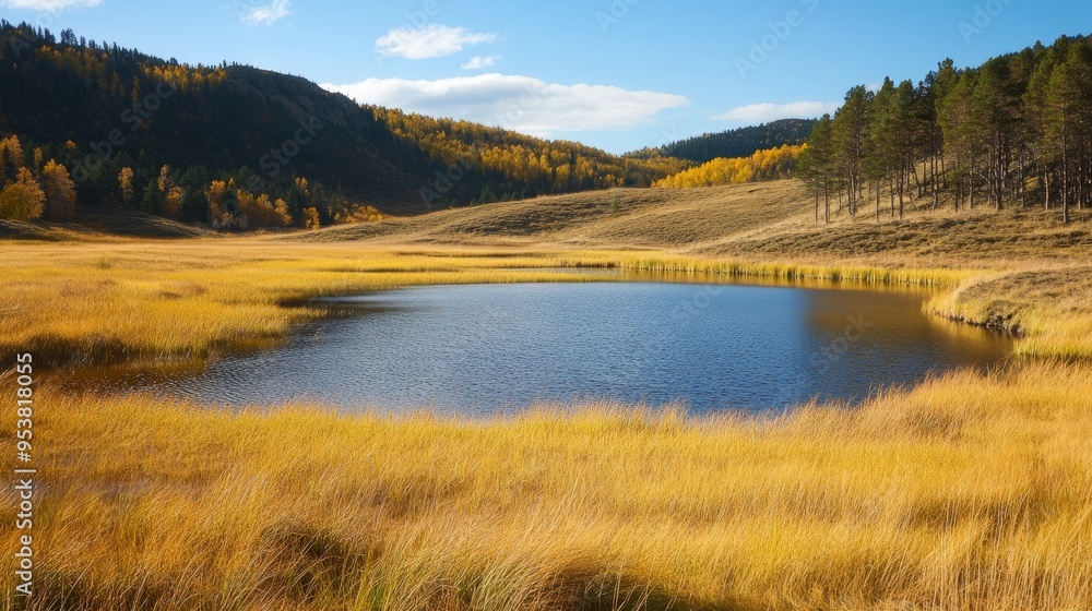 Fototapeta premium Serene Landscape with Yellow Grass and Pond for AR Background Generative AI