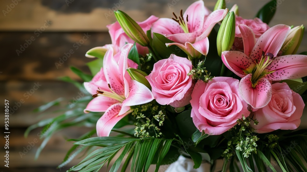 Beautiful Pink Rose and Lily Bouquet for All Occasions - Perfect Floral Arrangement Generative AI Beautiful Pink Rose and Lily Bouquet for All Occasions - Perfect Floral Arrangement Generative AI