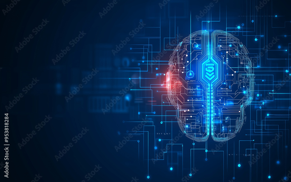 Abstract digital brain with circuit lines and binary code, symbolizing artificial intelligence technology vector illustration on dark blue background. Abstract digital brain with circuit lines and binary code, symbolizing artificial intelligence technology vector illustration on dark blue background.