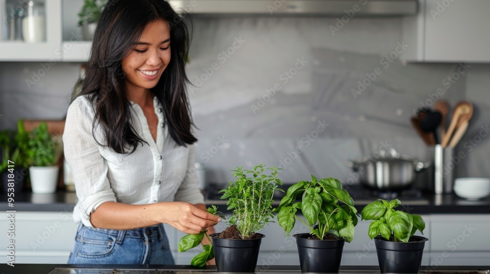 A woman tending to green herbs in pots in a modern kitchen. The plants are fresh and vibrant. This image captures the joy of indoor gardening. Perfect for lifestyle and wellness themes. AI A woman tending to green herbs in pots in a modern kitchen. The plants are fresh and vibrant. This image captures the joy of indoor gardening. Perfect for lifestyle and wellness themes. AI