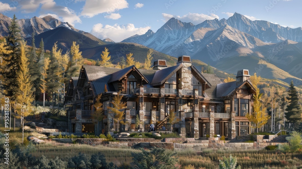 luxury mountain retreat with a rustic stone facade, expansive decks, and breathtaking views of the surrounding peaks. luxury mountain retreat with a rustic stone facade, expansive decks, and breathtaking views of the surrounding peaks.