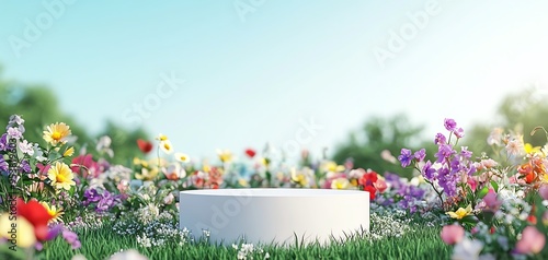 White podium with spring flowers on a green grass background photo