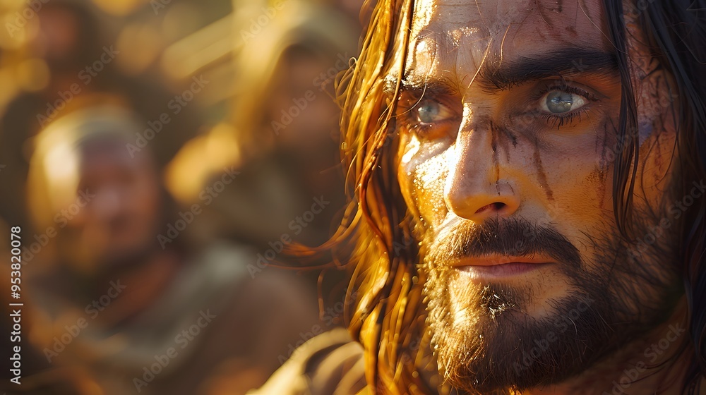 Jesus, glowing with a brilliant, divine light, stands before the blind man, whose eyes now reflect the holy radiance, the background softly blurred with warm, golden hues, Jesus, glowing with a brilliant, divine light, stands before the blind man, whose eyes now reflect the holy radiance, the background softly blurred with warm, golden hues,