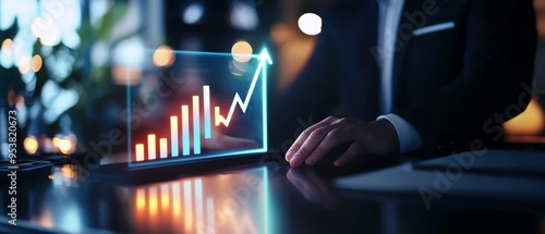 Professional man analyzing growth data with digital graph. Focus on financial performance and strategic planning in a modern setting.