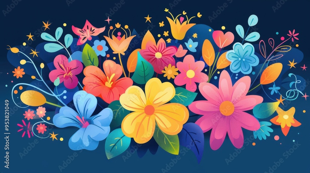 playful bouquet icon with bright, vibrant flowers and whimsical elements like stars or hearts playful bouquet icon with bright, vibrant flowers and whimsical elements like stars or hearts