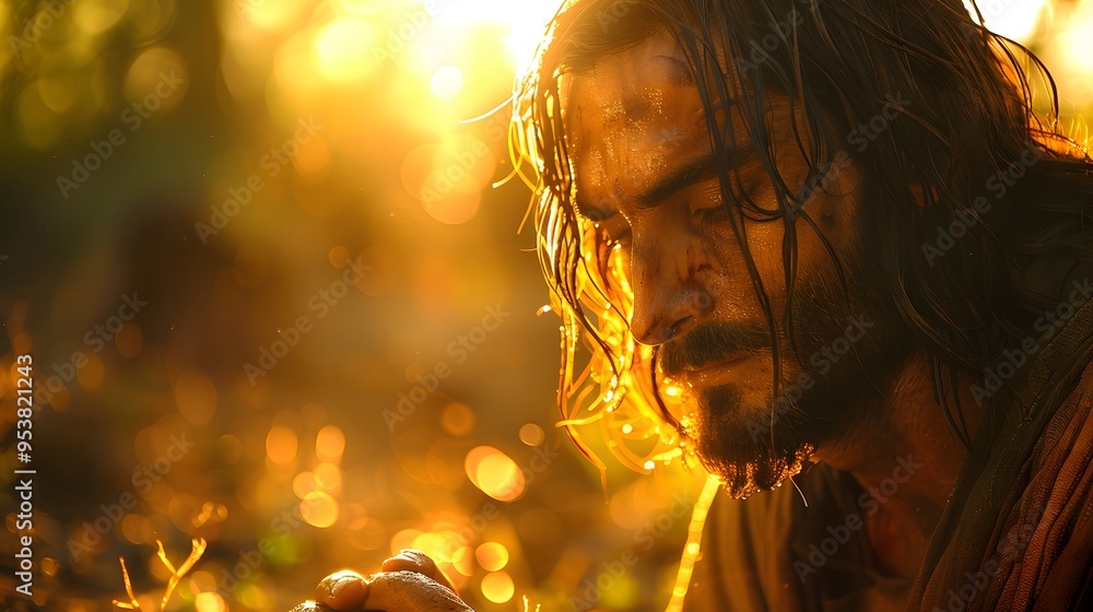 Jesus healing a blind man in silence, surrounded by the tranquil beauty of nature, with the soft glow of dawn light illuminating the scene, the background filled with the peaceful sounds of nature, Jesus healing a blind man in silence, surrounded by the tranquil beauty of nature, with the soft glow of dawn light illuminating the scene, the background filled with the peaceful sounds of nature,
